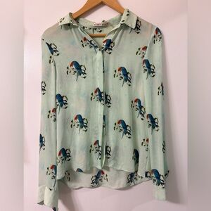 Alice + Olivia Green Silk Button Down Featuring Parrots